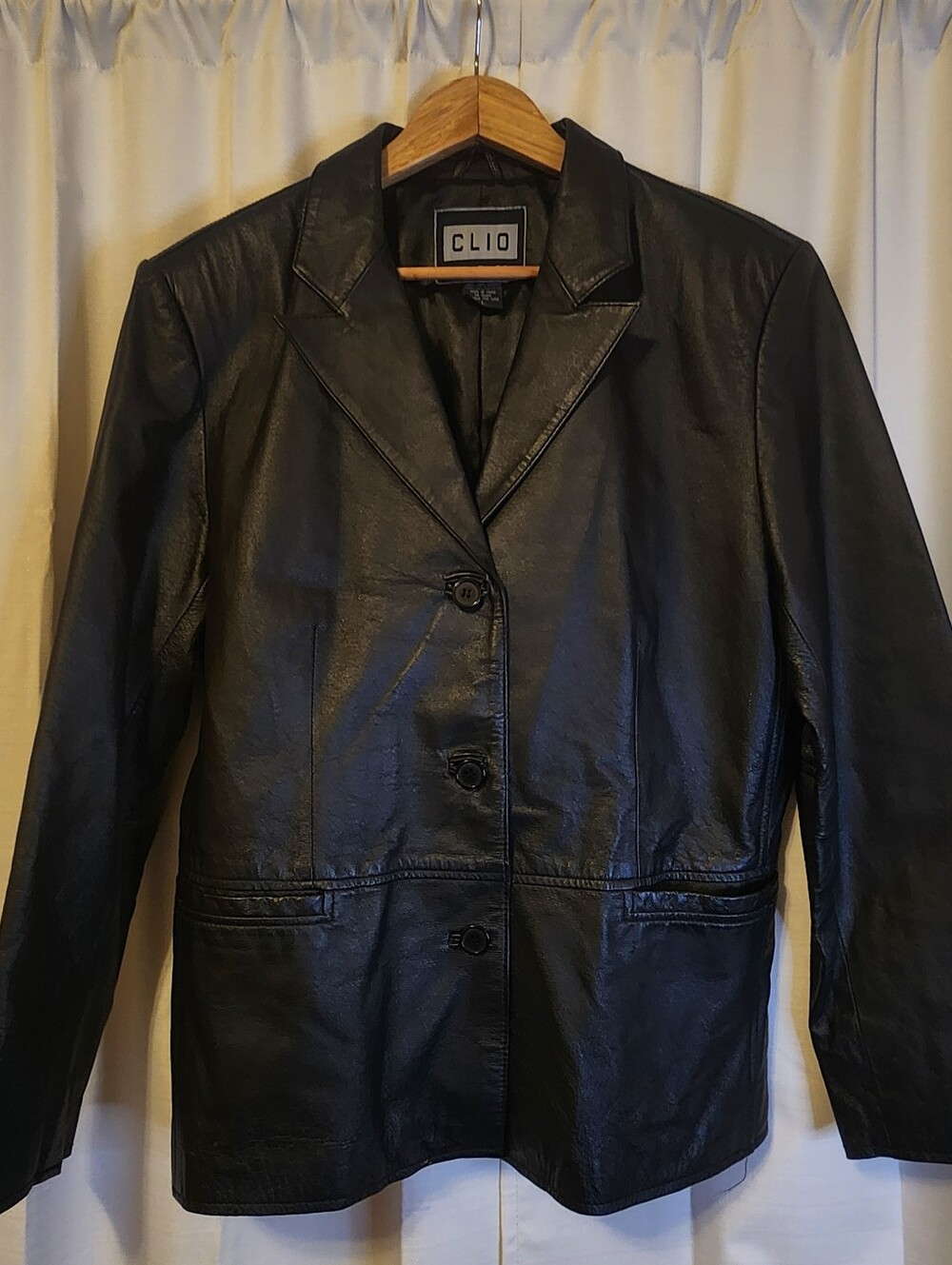 CLIO Leather Women’s Black Genuine Leather Blazer Jacket Size L Classic 90s